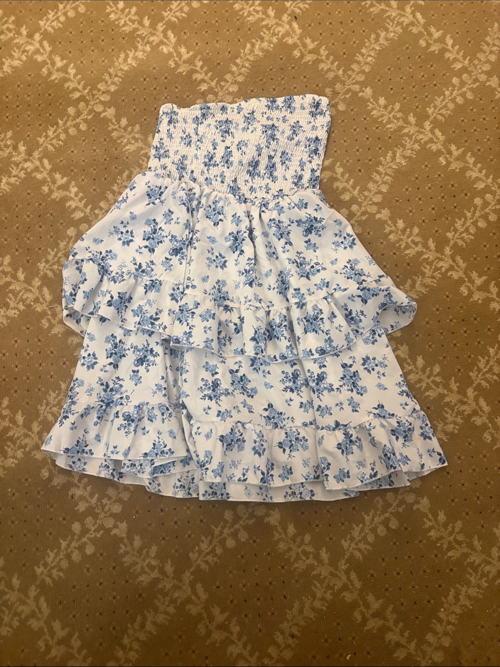 Amazon Strapless Smocked White Dress with Blue Floral Print